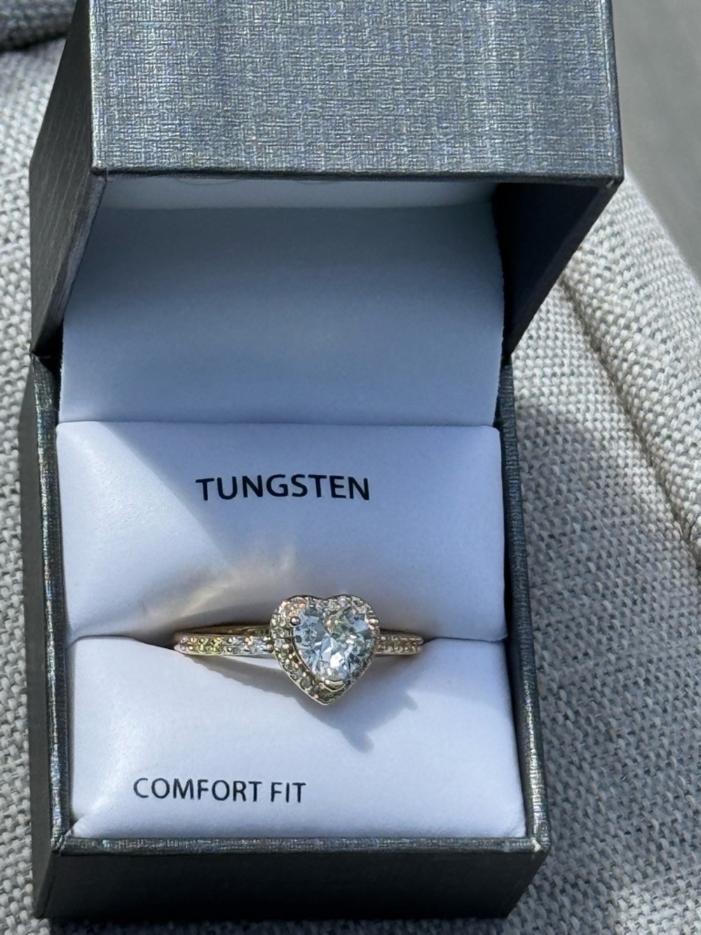 Tungsten Heart Halo Ring in Gold with Clear Stone